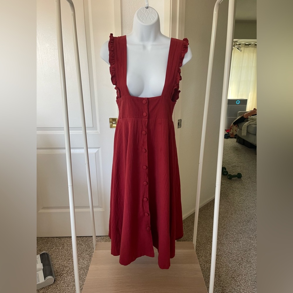 Yi-meh burgundy maroon apron style ruffle button down dress size small yesstyle